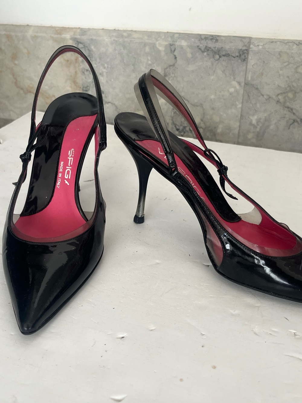 Via Spiga Black Metallic Leather Stiletto Slingback Heels Pointed Toe Pumps